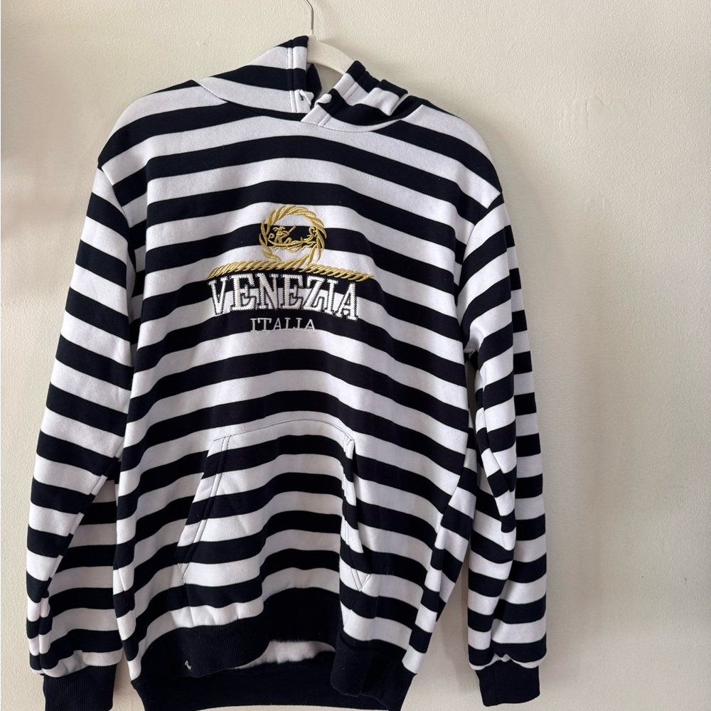 Venezia Black and White Striped Top with Gold Embroidery